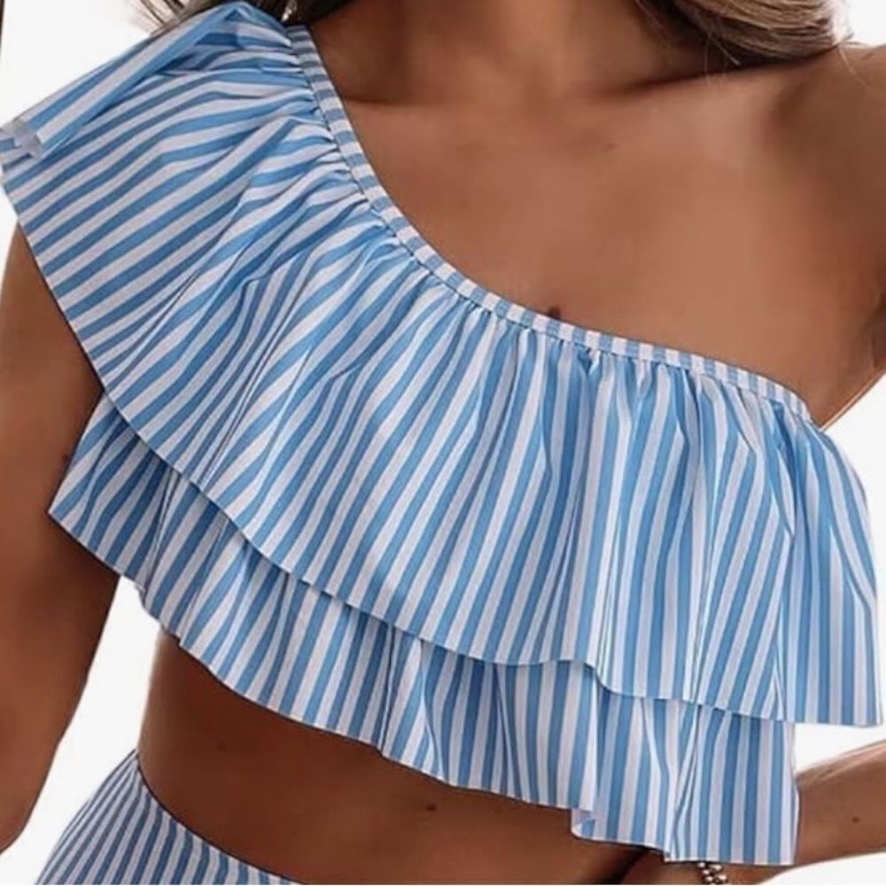 Vimpunec Blue and‎ White Striped One-Shoulder Ruffle Swim Top, Size XS, NWT